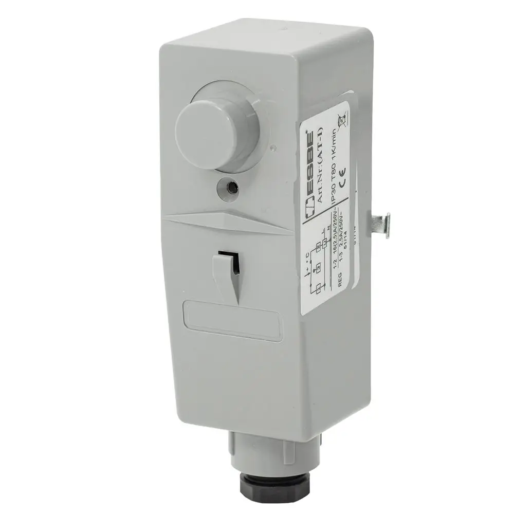 Anlegethermostat in grauem Gehäuse von ESBE mit Einstellknopf, Anzeigen für Temperatur und Anschlussmöglichkeiten an der Unterseite.